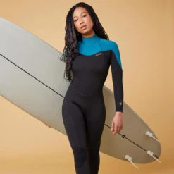 WOMEN'S WETSUIT SURF 500 4/3 BLACK AND GREEN BACKZIP -Water Sports Store k59810dc411ffaa0bc231942737272f93